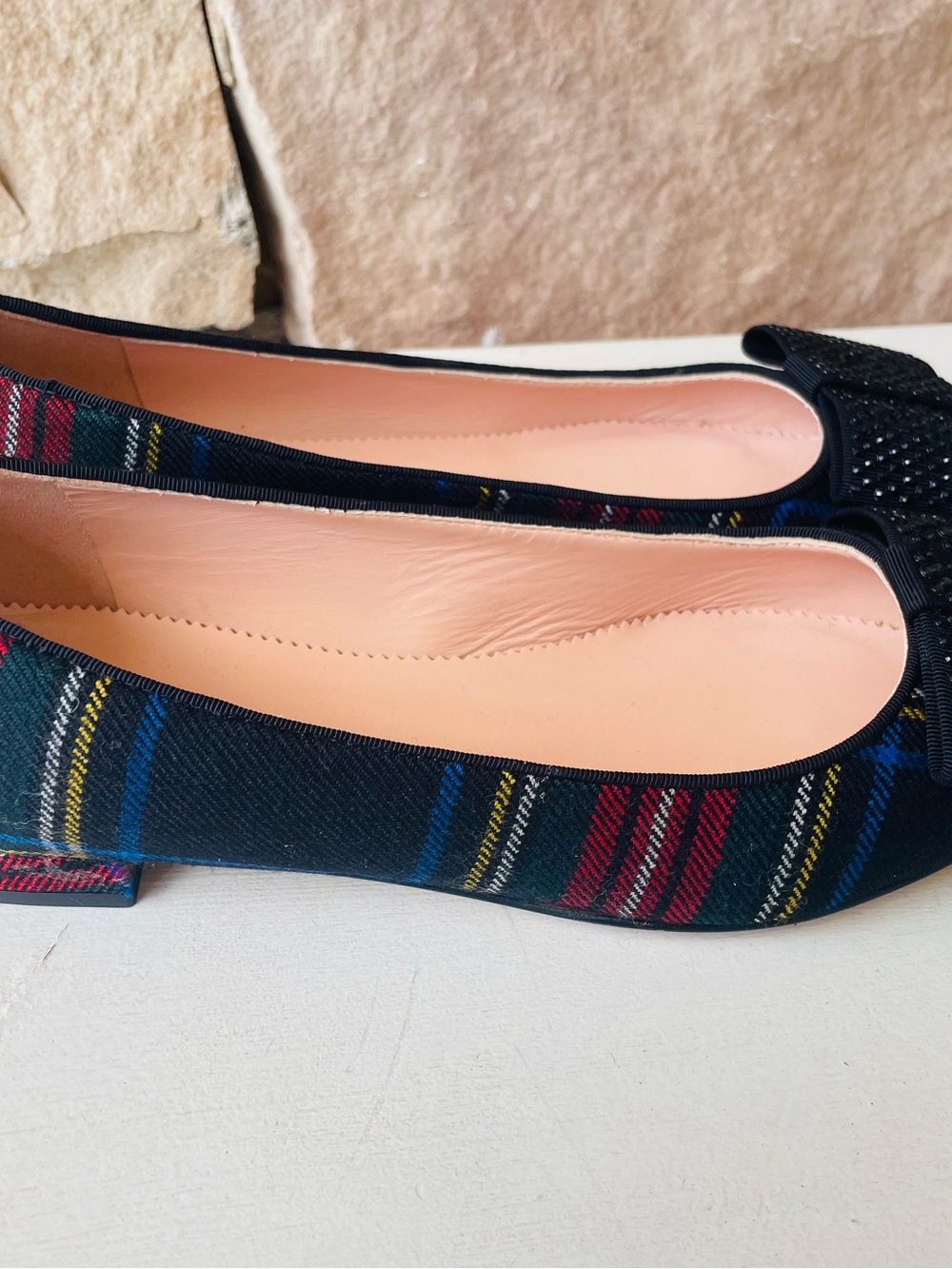 J. Crew Tartan Plaid Pointed Toe Crystal Bow Flats - Picture 3 of 8